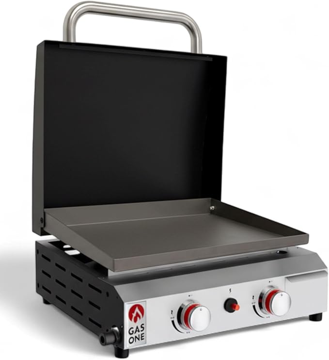 GasOne Flat Top Gas Grill with Lid – Auto Ignition Propane – Premium Stainless Steel Body Tabletop with Pre Season Griddle...