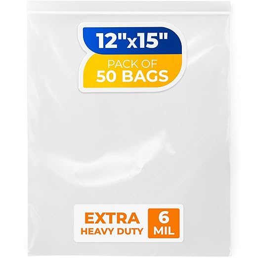 12" x 15" Large Zip Seal Lock Bags, 6 Mil (Pack of 50) – Heavy-Duty Reclosable Plastic Bags – Clear, Resealable, Waterproof – For Storing and Organizing Clothes, Jewelry, and Travel Items