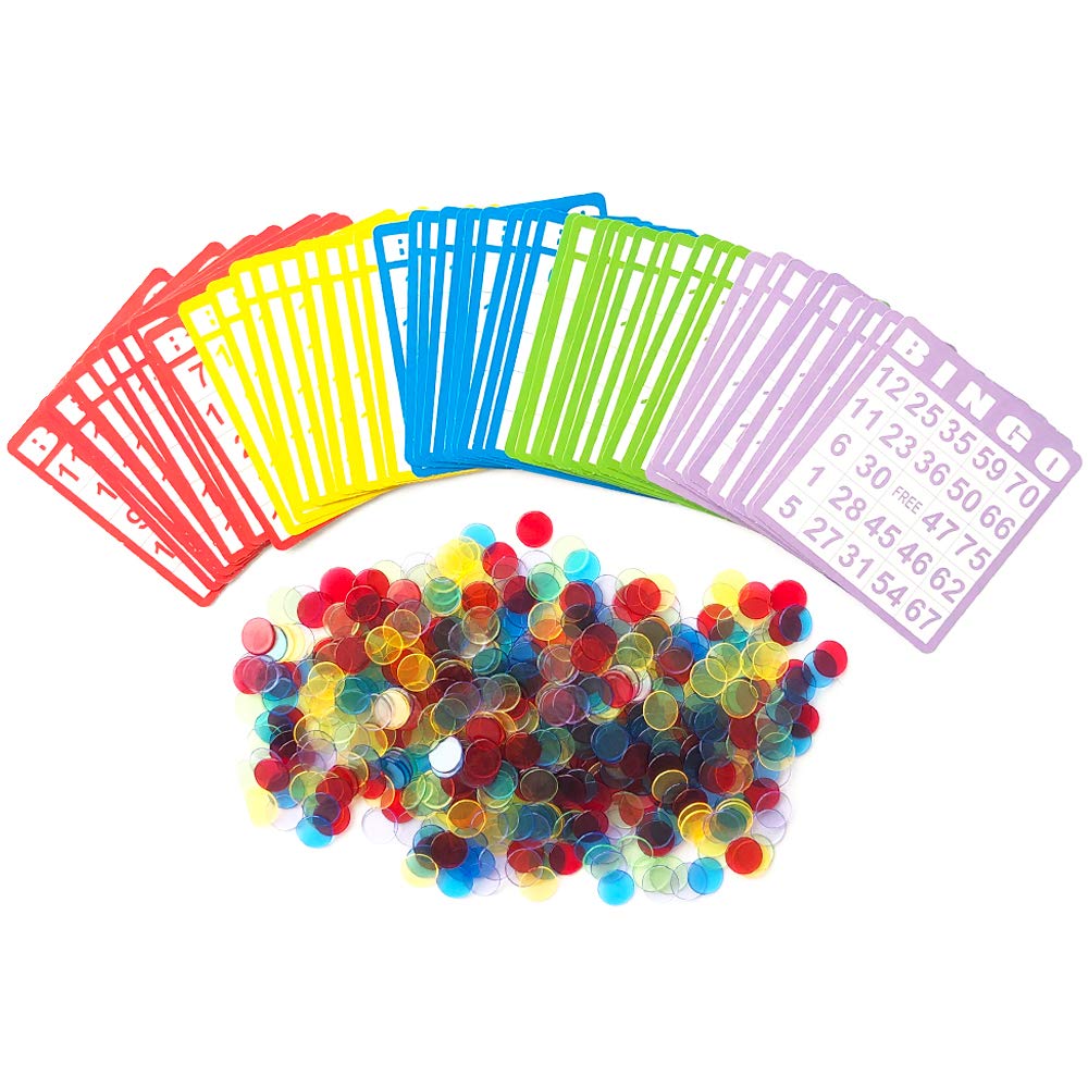Yuanhe Bingo Cards Game Set - Includes 50 Bingo Cards and 500 Colorful Transparent Bingo Chips, for Bingo Games and Card Games