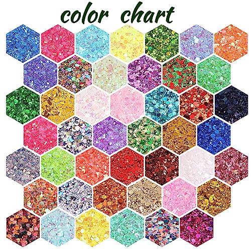 Holographic Chunky and Fine Glitter Mix, 45 Colors Craft Glitter for Epoxy Resin Arts, Iridescent Nail Glitter, Cosmetic E...