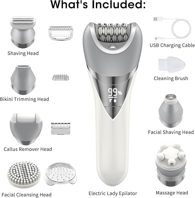 Epilator for Women, 7 in 1 Hair Removal Epilator, Electric Shaver for Women, Facial Brush, Face Massage and Body Exfoliator, IPX6 Waterproof Lady Razor for Whole Body.