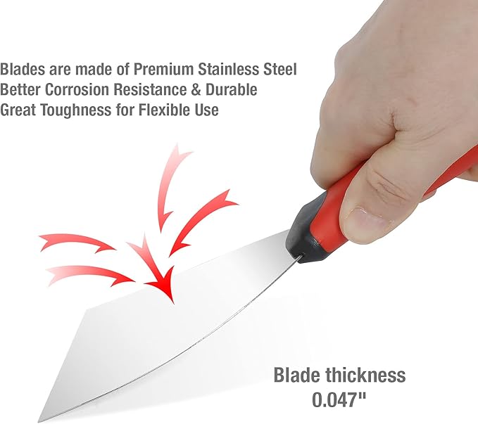 Goldblatt 4-piece Stainless Steel Joint Knife Set, 3-piece 4'', 5'', 6'' Putty Knives and 9-in-1 Multi-Tool Painter Scraper, Soft Handle with Hammer End, for Drywall