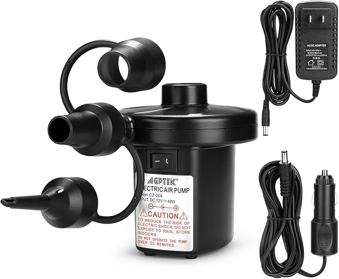 AGPTEK Electric Air Pump,Portable Air Pump with 3 Nozzles, 4.5kPa Quick-Fill,110V AC/12V DC Inflator/Deflator Pumps for Ou...