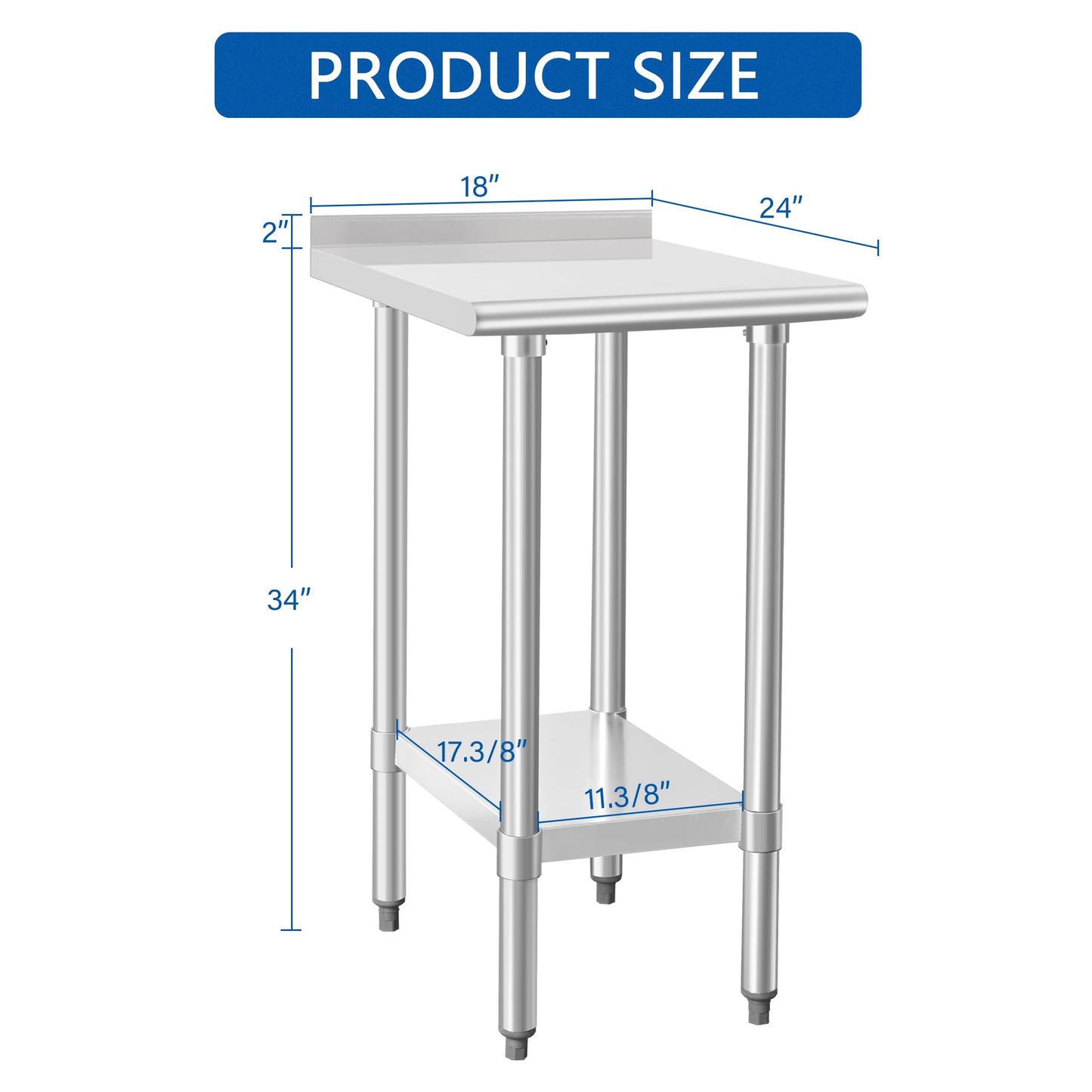 HARDURA Stainless Steel Commercial Work Table Prep Work Metal Table 24×18 Inches with Undershelf and 2" Backsplash Heavy Duty NSF 430 for Kitchen Food Prep