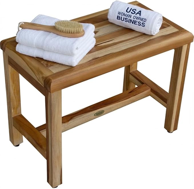 EcoDecors Eleganto 24 Inch Natural Color Waterproof Teak Wood Shower Bench Stool Seat Chair For Inside Shower Provides Safety, Storage, and Organization For Bathroom Accessories