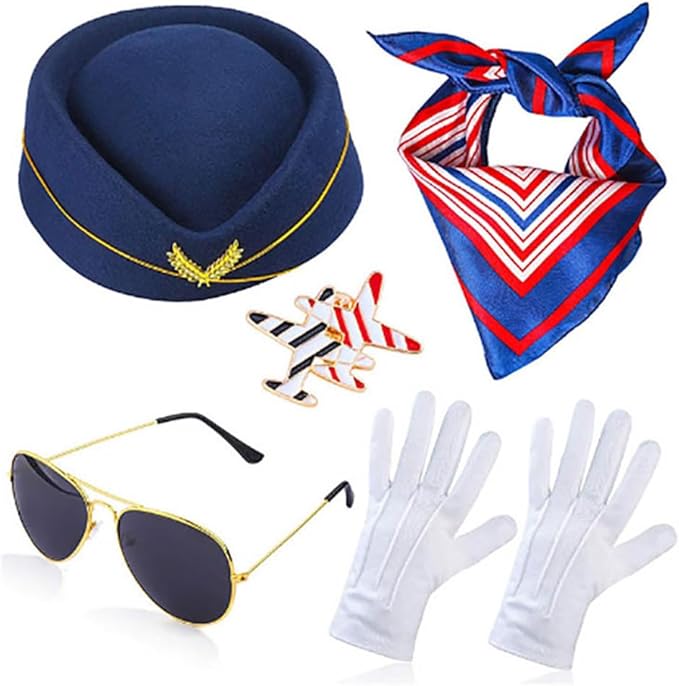 FOUTOUKEEP Flight Costume Set Beret Scarf White Gloves Sunglasses Airplane Pin Role Play Party Halloween Cosplay