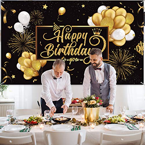 Blulu Happy Birthday Banner Sign Poster Large Fabric Glitter Balloon Fireworks Sign Photo Backdrop Background for Birthday...