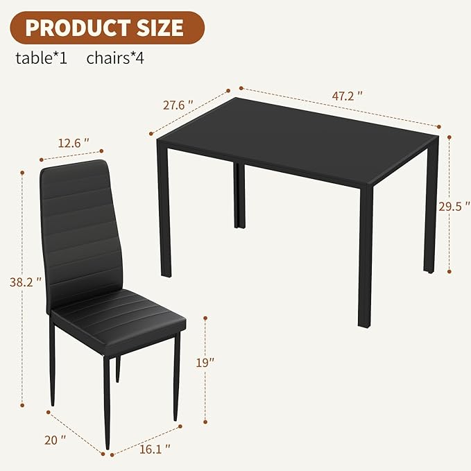 FDW | Dining Table Set for 4 | 5-Piece Glass Black Dining Table | Kitchen Table with 4 Upholstered Chairs and Faux Leather Cushions | Space-Saving and Modern Design | for Dining Room, Easy to Assemble