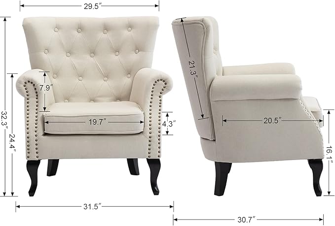 DM Furniture Set of 2 Mid-Century Modern Accent Chair, Linen Fabric Armchair w/Tufted Back/Wood Legs, Upholstered Lounge Arm Chair Single Sofa for Living Room Bedroom, Beige