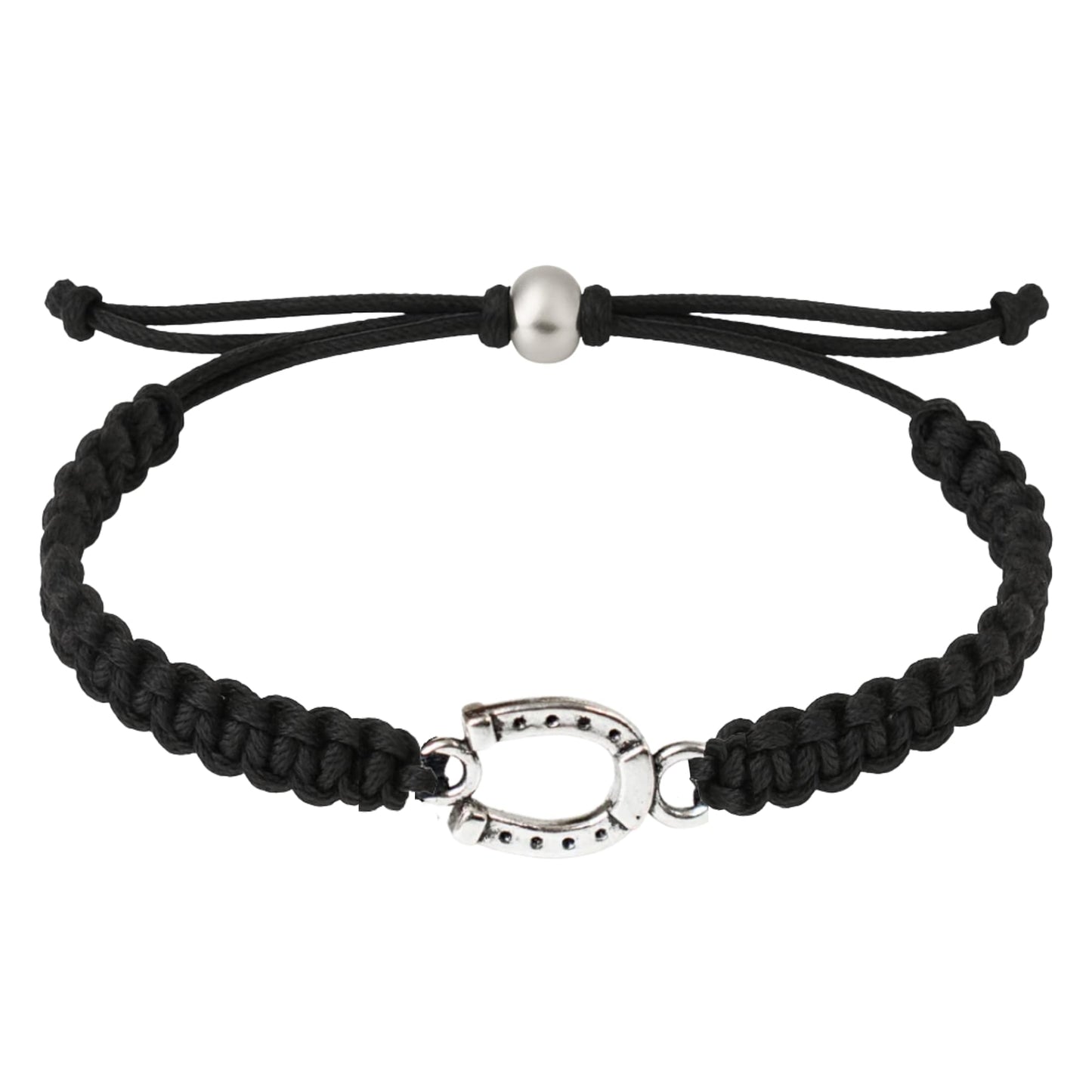 Sportybella Horseshoe Bracelet for Girls & Women - Black Adjustable Rope Bracelet with Silver Horseshoe Charm - Equestrian Jewel