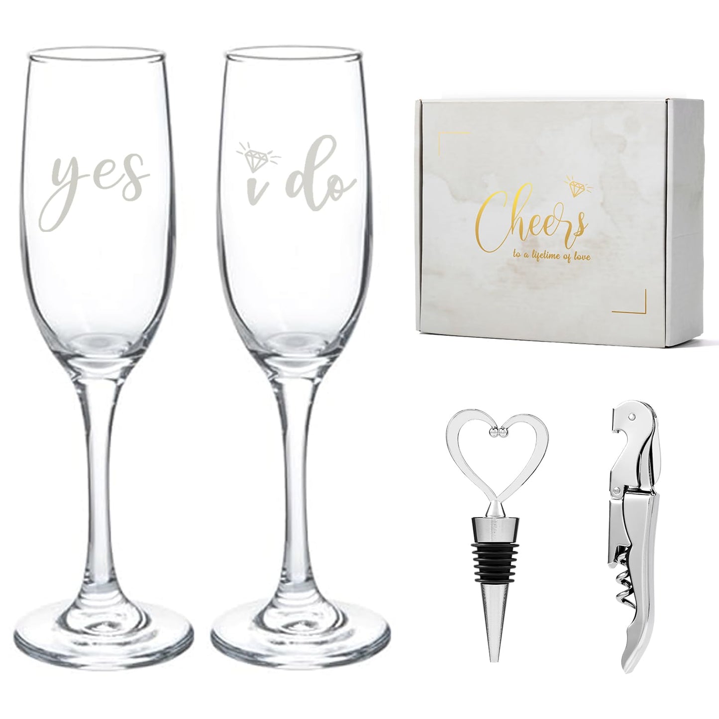 Engagement Gifts for Couples, Champagne Flutes Glass Set, Bridal Shower Wedding Gifts for Newlyweds, Wedding Registry Gift Ideas, Tall Wine Glasses with Wine Stopper and Opener, Yes I do