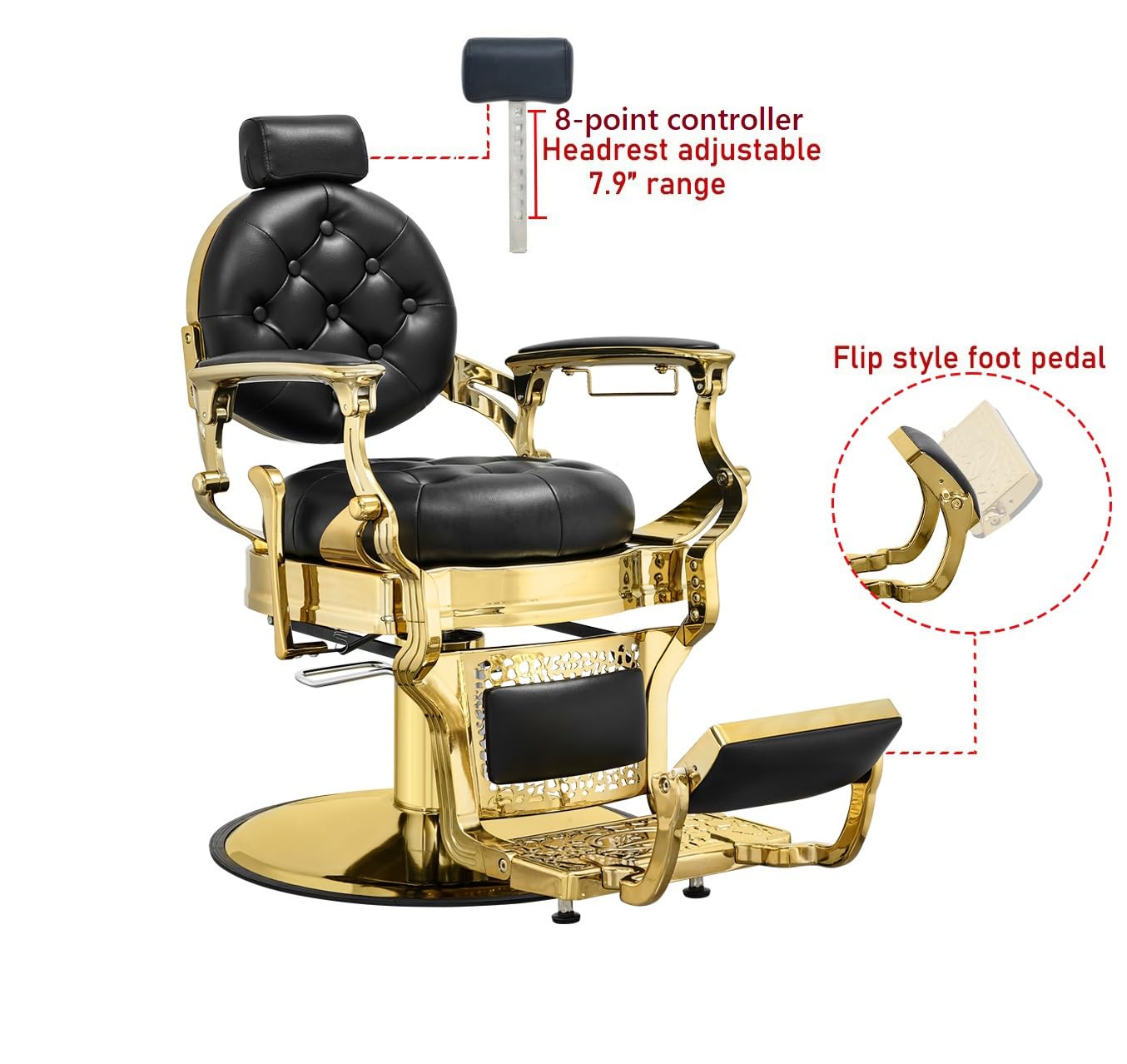 Kaleurrier Salon Chair for Hair Stylist: Barber Chairs for Barbershop - Heavy Duty Reclining Hair Chair with Footrest for Home Wide Seat Gold and Black