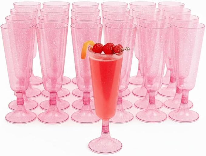 MATANA 50 Glitter Pink Champagne Flutes Plastic Champagne Glasses 5 oz, Reusable Pink Plastic Wine Glasses, Copas De Plast...