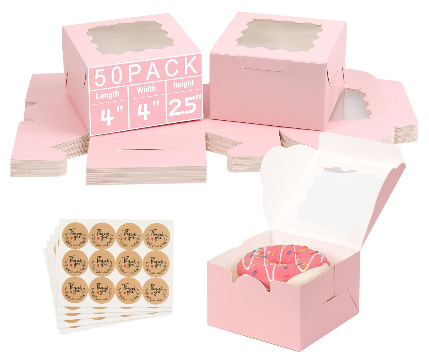 TryDrem 50Pcs 4x4x2.5 Pink Cookie Boxes, Bakery Boxes for Baked Goods, Cookies, Pastry, Strawberries, Macarons