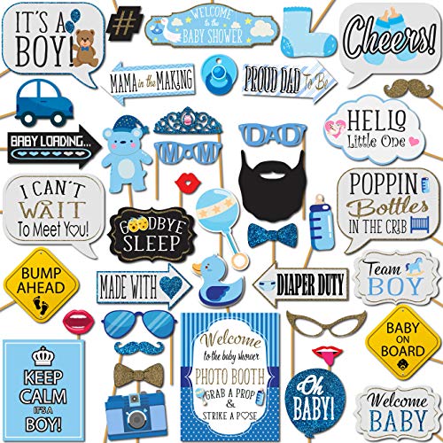 Boy Baby Shower Photo Booth Props - 41-pc Photo Booth Kit with 8 x 10-Inch Sign, 60 Glue Dots, 45 Sticks - Picture Props f...