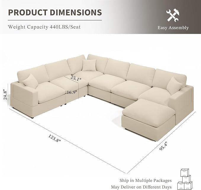 Cloud Couch Modular Sectional Sofa, 123.8" 8-Seater U Shaped Sectional Couches for Living Room, Convertible Cloud Sofa with Ottoman, Down Filled Wide & Deep Seat, Removable Washable Cushion Covers
