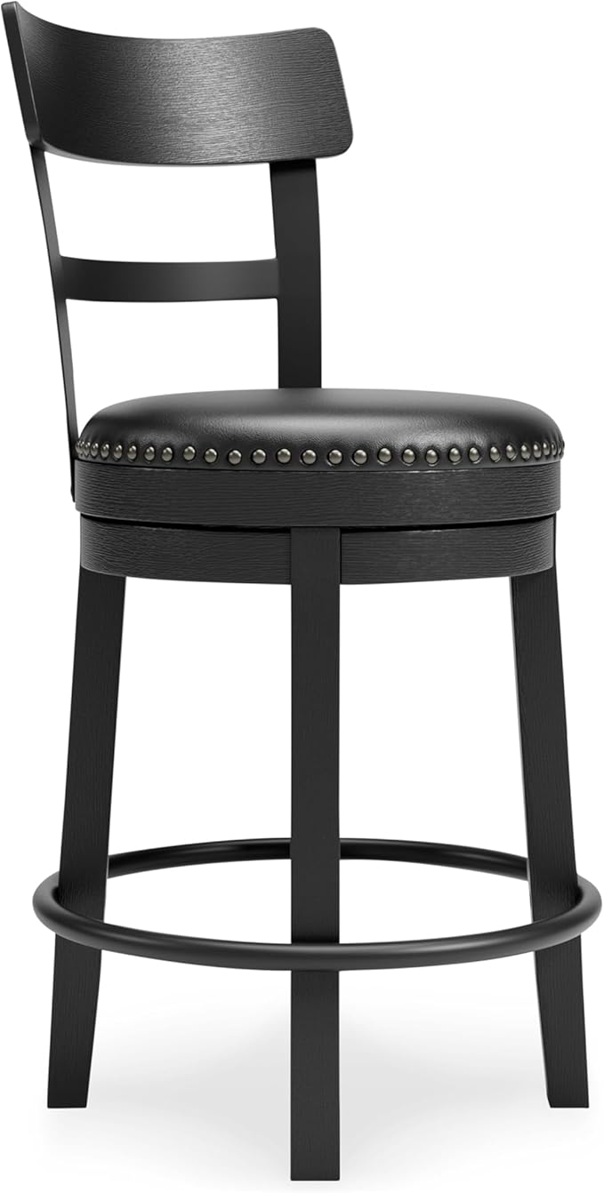 Signature Design by Ashley Valebeck Tall Upholstered Swivel Bar Stool with 360-Degree Swivel and Nailhead Trim, Faux Leather, 30" Seat Height, Black Finish