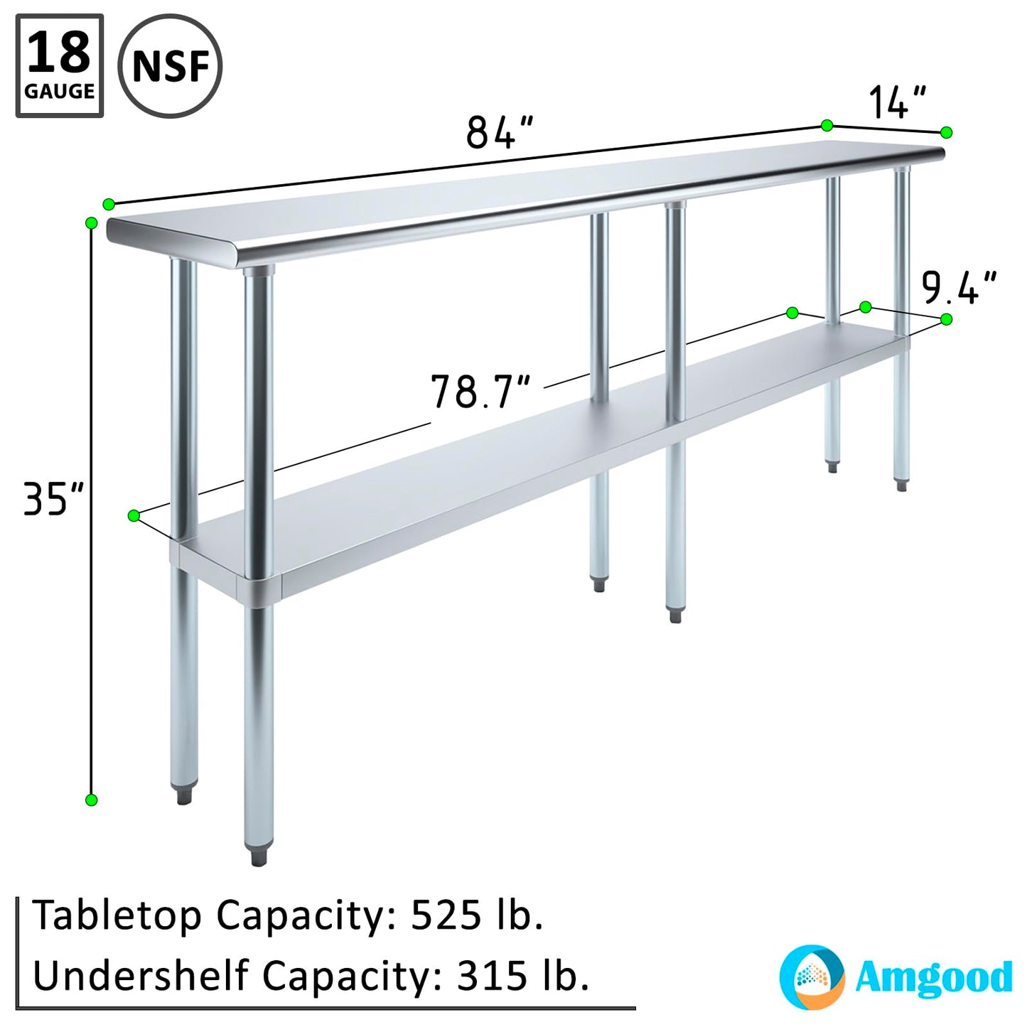AmGood 14 in. x 84 in. Stainless Steel Work Table | Metal Kitchen Food Prep Table | NSF