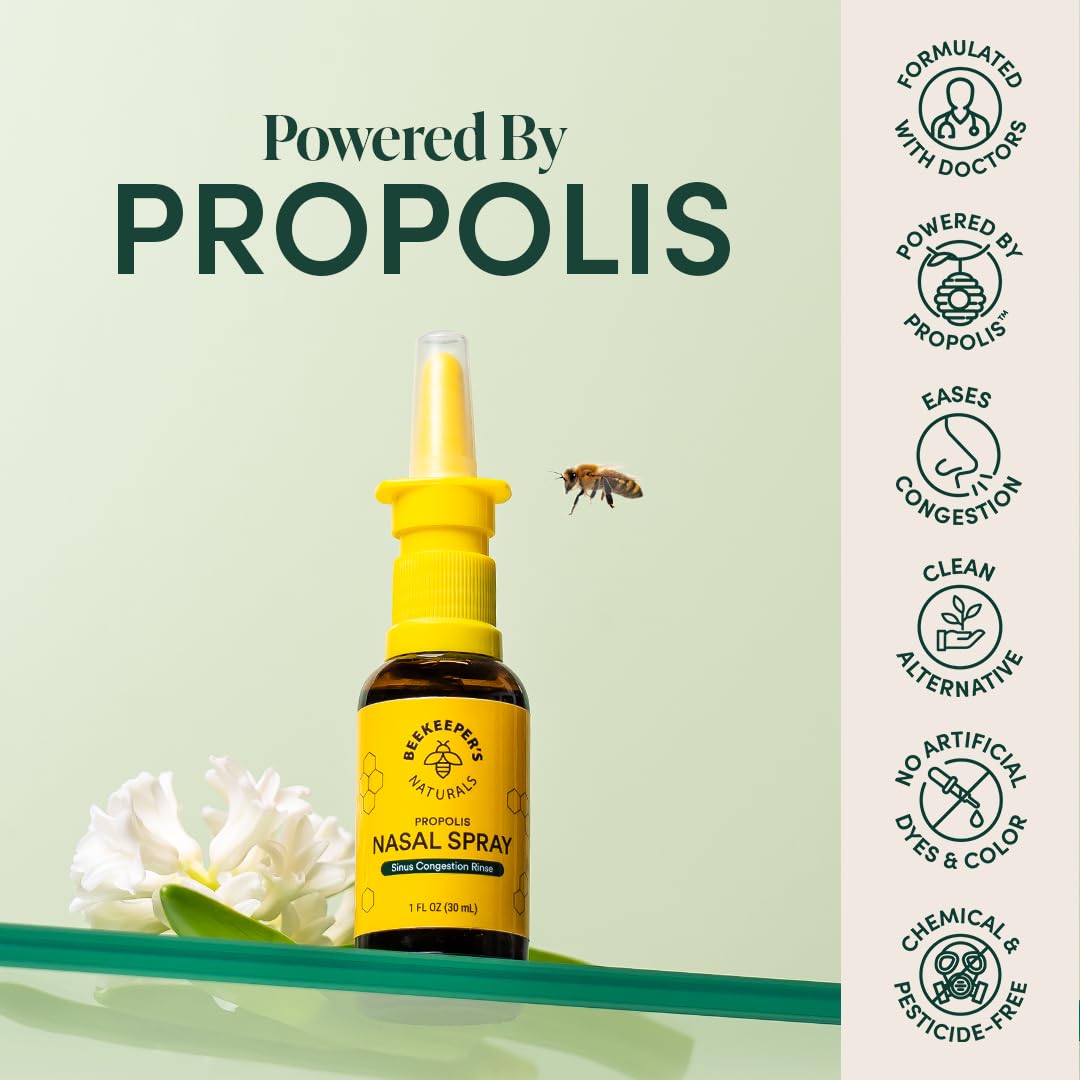 Beekeeper's Naturals Nasal Spray for Adults with Propolis, Xylitol & Saline, Clears Nasal Congestion, Moisturizes Sinus Canal, & Decongest Sinus Cavities, 1 fl oz(Pack of 2)