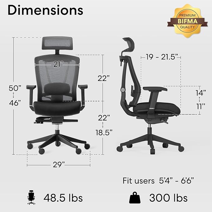 AUTONOMOUS ErgoChair Pro Ergonomic Office Chair Foam Black Adjustable Lumbar Support, Rolling Swivel - Home office Desk Chairs with Wheels and Arms - Ergonomic Desk Chair Comfy for Gaming & Long Hours