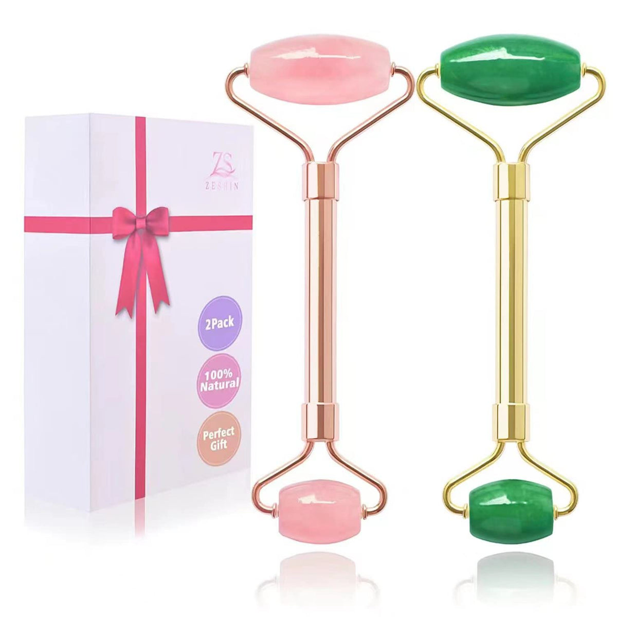 ZS ZESHIN 2 Pack Jade Facial Roller & Rose Quartz Face Roller for Wrinkles and Puffiness, Natural Jade Stone Face Massager Rolle