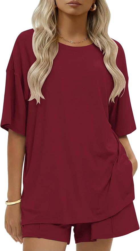 Ekouaer Womens 100% Cotton 2 Pieces Short Sets Summer Short Sleeve Outfits Casual Maching Lounge Set with Pockets