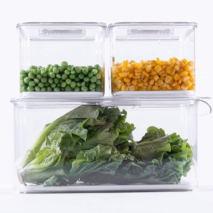 Slideep Food Storage Containers Produce Saver with Lids, Stackable Refrigerator Freezer Organizer Bins with Removable Drain Tray, Fridge Fresh Keeper for Veggie, Berry, Fruits, Vegetables 3 Pack