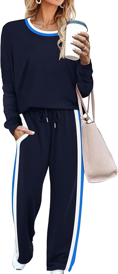 WIHOLL 2 Piece Lounge Sets for Women Long Sleeve Tops Wide Leg Sweatpants Sweatsuits with Pockets