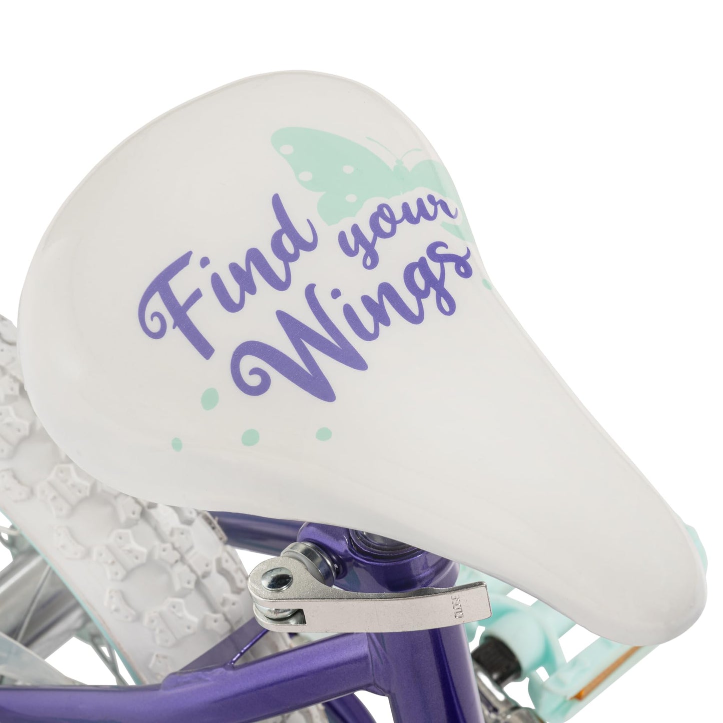 Huffy Illuminate 12” Girl’s Bike with Removable Training Wheels, Amethyst Purple Frame with Butterfly Graphics, Chain Guard, White Tires and Teal Rims