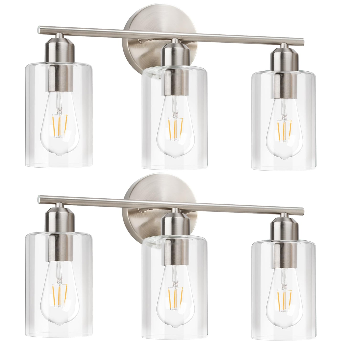 Brushed Nickel Vanity Lights - 3-Light Modern Bathroom Lighting Fixtures with Clear Glass Shade - Wall Sconce for Hallway - 2Pack