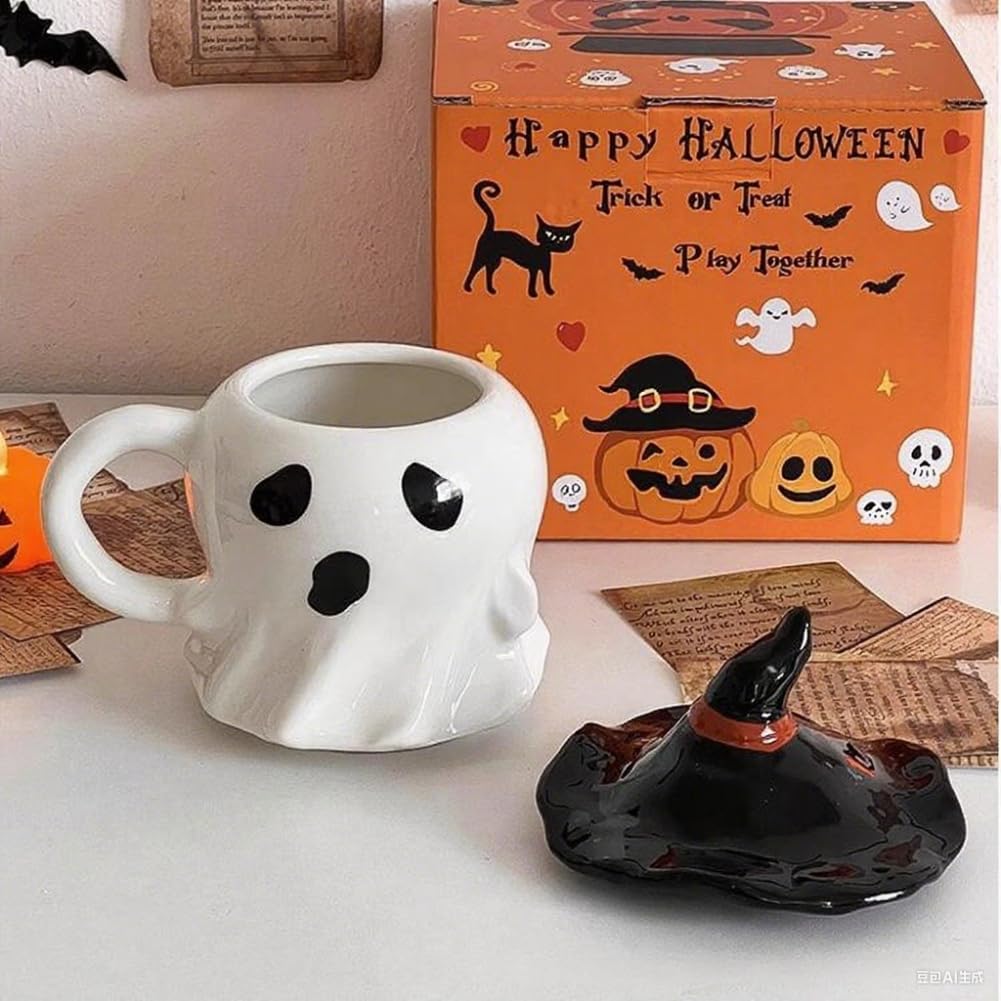 Halloween Pumpkin Ceramic Coffee Mug with Lid Cute Ghost Coffee Mug with Handle for Halloween Party Decoration (Ghost)