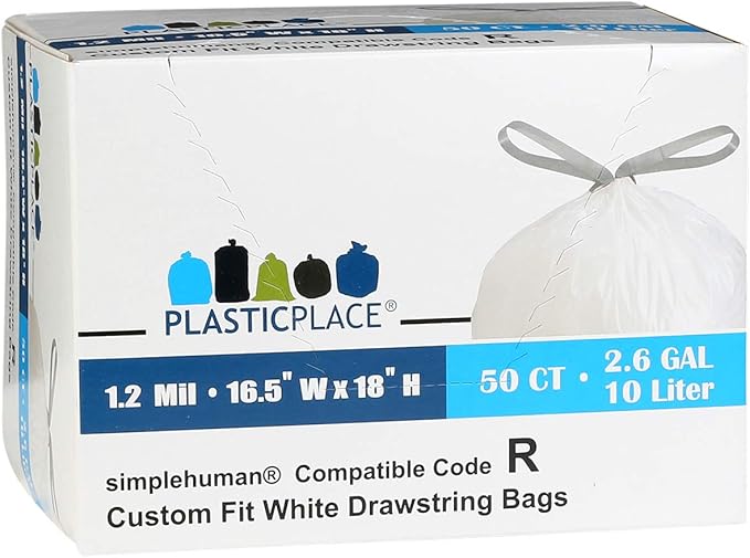 Plasticplace Custom Fit Trash Bags, Compatible with Simplehuman Code R (100 Count) White Drawstring Garbage Liners 2.6 Gallon/ 10 Liter 16.5" x 18"