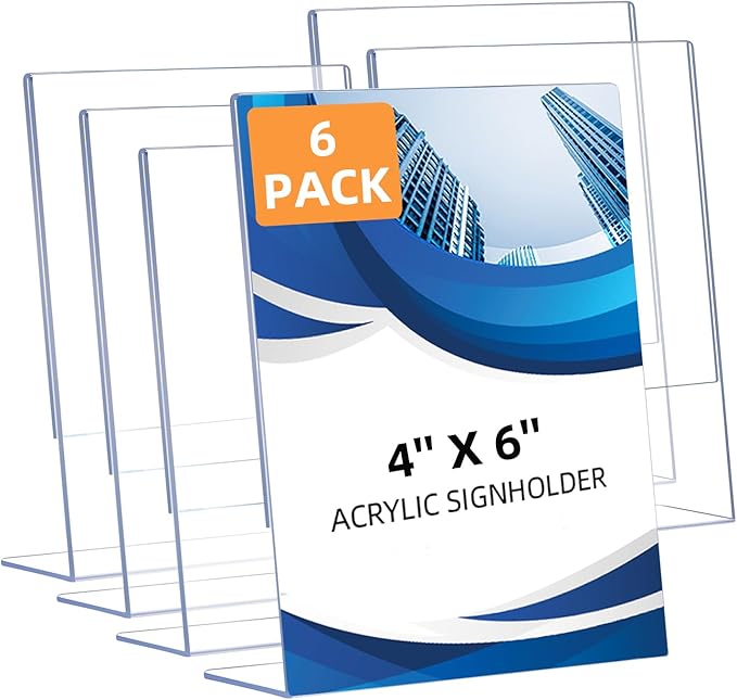 6 Pack Slanted Back Acrylic Sign Holders 4x6 for Business & Store, Tabletop Vertical Sign Holder with Anti-Slip Pads Clear...