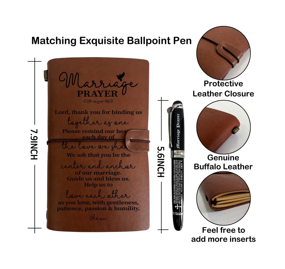 Marriage Prayer Leather Journal, Engraved Gift Pen, Roller Ballpen, Marriage Gift, Wedding Gifts, Leather Notebook and Pen Gift for Wife Husband, 160 Pages Notebook, Valentine's Day Christmas Gift