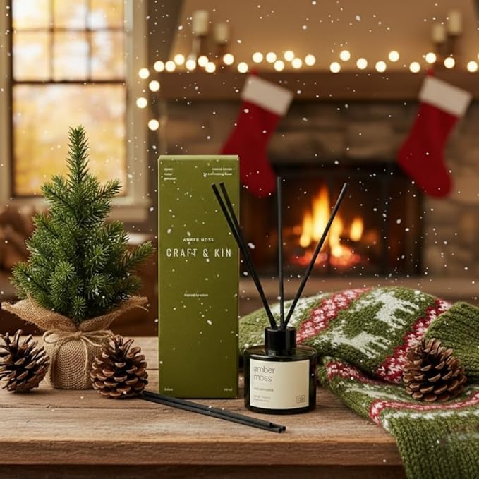 Craft & Kin Bamboo & Jasmine Christmas Reed Diffuser | All Natural Essential Oil & Rattan Scent Sticks | Holiday Reed Diffusers for Home, Bathroom | Long Lasting Home Fragrance in Green Glass, 3.4oz