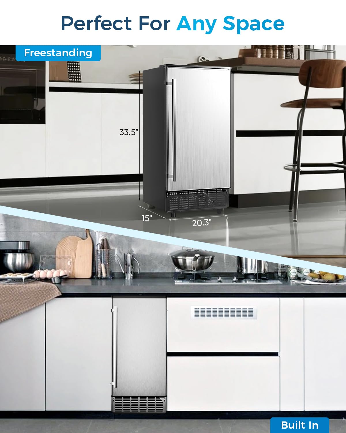 Feelfunn Commercial Ice Maker with Water Pump, 85Lbs/Day, Built-in Undercounter Ice Maker with Auto-Cleaning & Timer, Freestanding Stainless Steel Ice Machine for Restaurant Home Bar Office