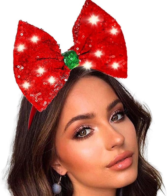 Coridy Light Up Headbands Red Bow Hairband Bling Sequin hair Accessories for Women