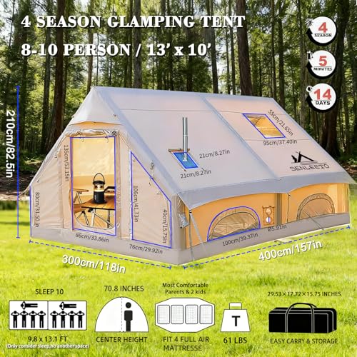 Inflatable Camping Tents 8-10 Person,129 Square Feets Large Inflatable Camping Tent with Stove Jack,Blow up Tent with Mesh...
