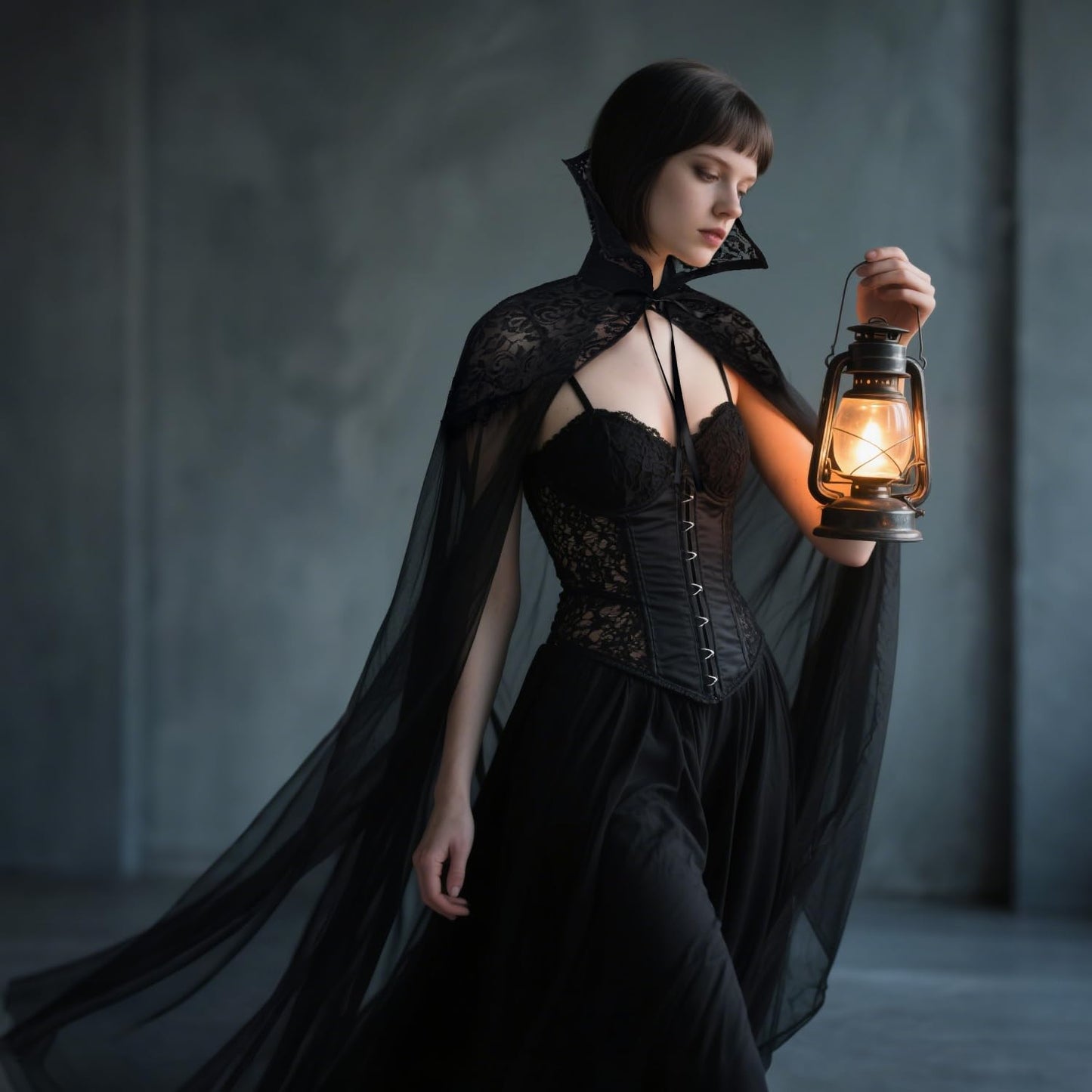 L'VOW Black Vampire Cloak Stand-up Lace Collar Cape Gothic Tulle Witches Cape for Womeen Halloween