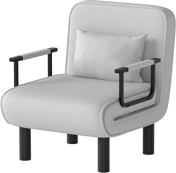 Furniliving 4 in 1 Folding Sofa Bed Chair, Convertible Sleeper Chair Bed with 6-Position Adjustable Backrest, Upholstered Chaise Lounge with Pillow, Accent Chairs for Bedroom/Office, Linen, LightGrey