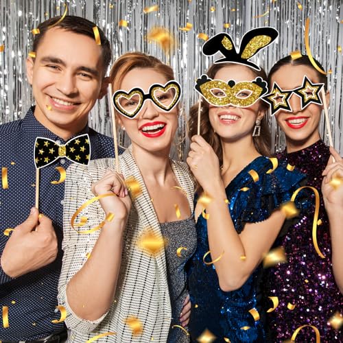 DARCKLE 36PCS Black and Gold Photo Booth Prop, Party Photo Booth Props for Photoshoot Birthday Party Photobooth New Year G...