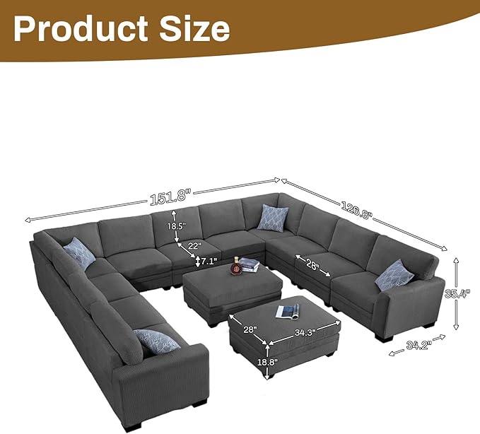 Legend Vansen Oversized Modular Sectional Sofa,8 Seat U Shaped Couch with Ottoman,Corduroy Sofa with Deep Seat,Convertible Large Sectional Couches for Living Room (Grey, U-13)