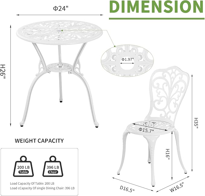 Withniture 3 Piece Patio Set Outdoor Cast Aluminum Patio Bistro Table and Chairs Set of 2,All Weather Outdoor Bistro Sets with 1.97" Umbrella Hole for Front Porch Set,Garden(White)