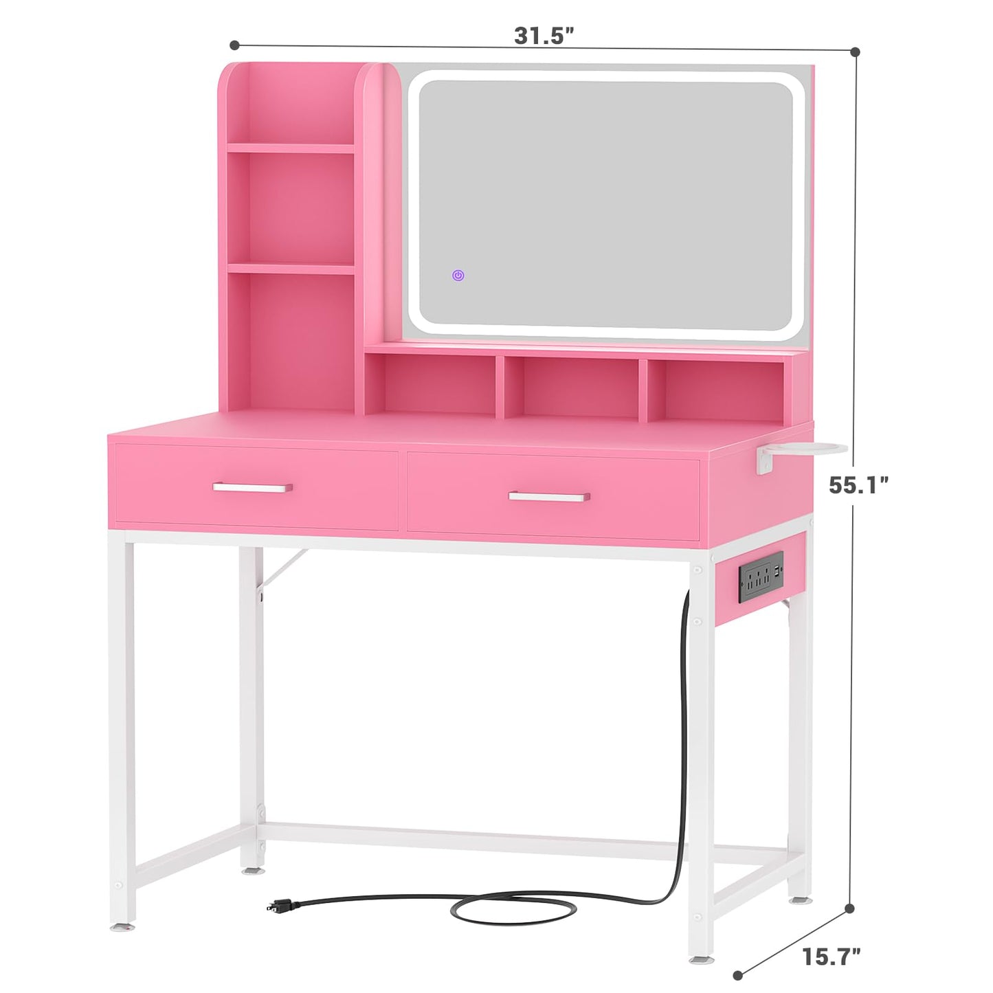 Small Vanity Desk, Vanity Desk with Mirror and Lights, Makeup Vanity Desks with Power Strip, Vanity Table with Drawers and Shelves, Adjustable Lighting, Dressing Table for Bedroom Dressing Room, Pink