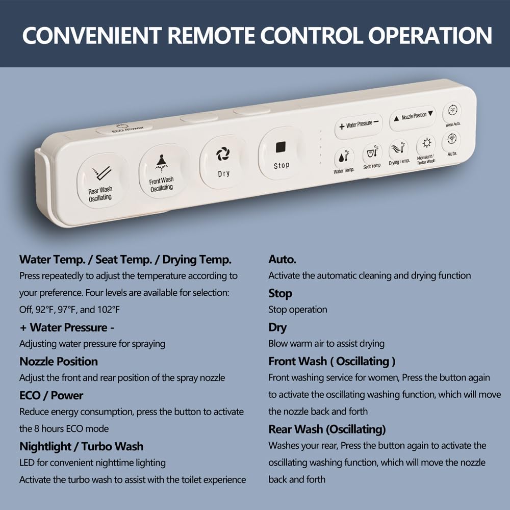 Bidet Toilet Seat with Warm Water Wash, Air Dryer, Heated Seat, Remote Control, LED Display, Self-Cleaning Nozzle, Night Light & Multiple Cleaning Modes (Elongated)