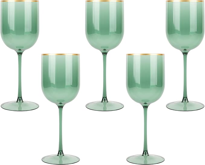 Green Wine Cup with Gold rim Plastic Wine Glasses Set of 10 Elegant Wine Goblets Hard Plastic Champaign Cups on Stem 12 Ou...