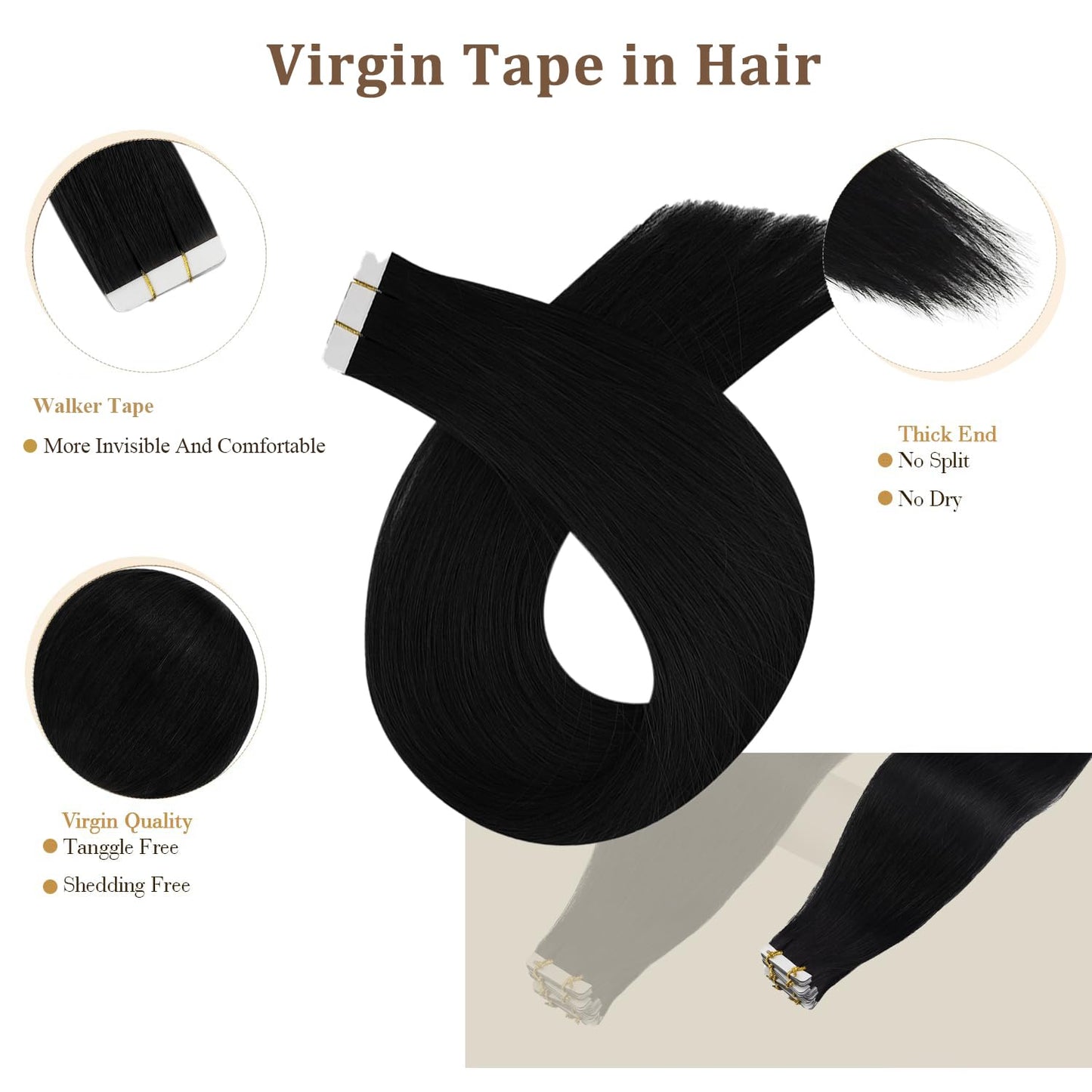 Full Shine 18Inch Black Virgin Tape in Hair Extensions Remy Tape in Human Hair Extensions Color 1 Black 25 Gram Seamless Unproce