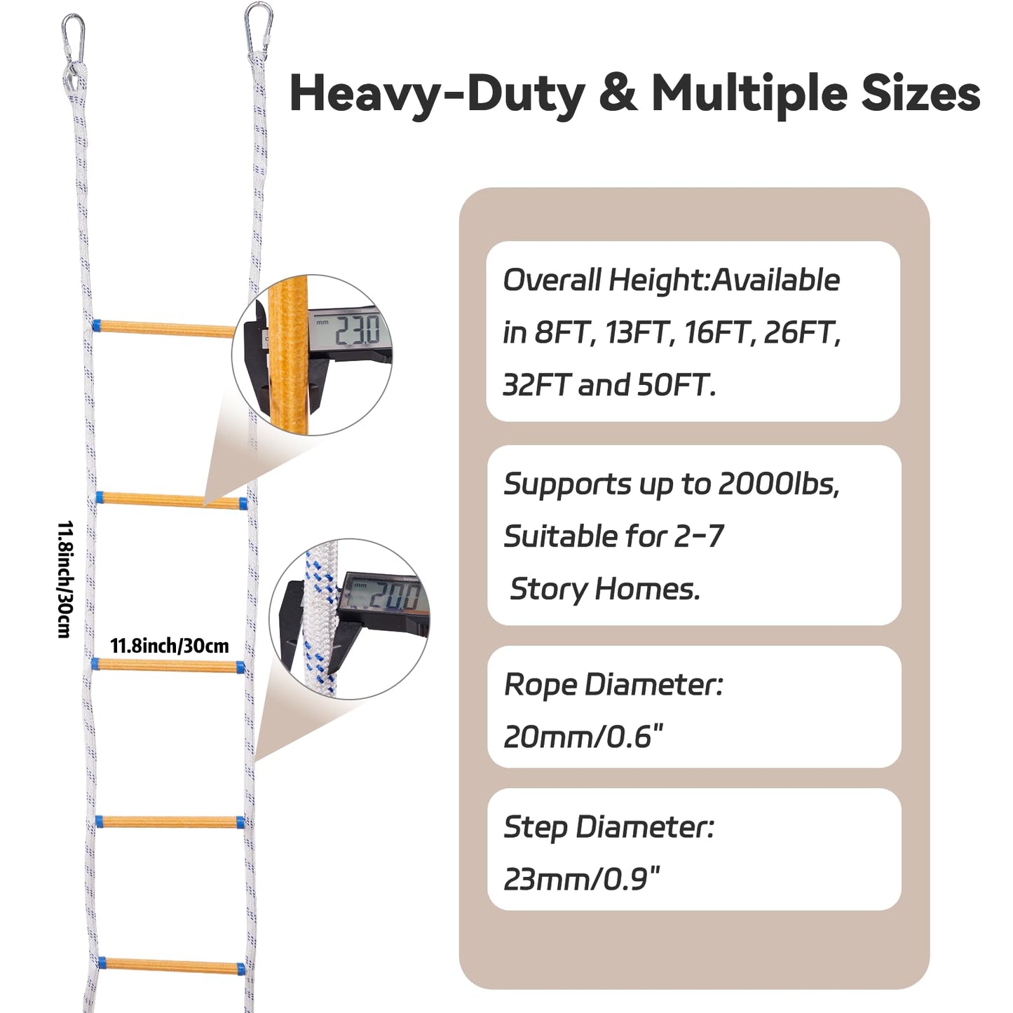 Emergency Fire Escape Rope Ladder 2 Story 8 FT Flame Resistant Safety Quick Ladder for Adults/Kids with 2 Spring Hooks, Stainless Steel Inner Ring, 23mm Thicker Octagonal Anti-Slip Rung (8ft/2.5m)