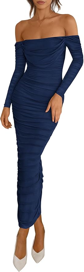 PRETTYGARDEN Womens 2026 Fall Long Sleeve Maxi Dress Off Shoulder Mesh Ruched Bodycon Trendy Long Wedding Guest Dresses