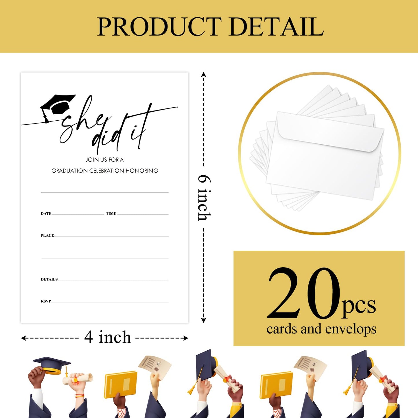 ltazhyi 20Pcs Graduation Party Invitations with Envelopes, She Did It Fill-In Grad Party Invite Cards, Grad Celebration Announcement Party Favor Decoration Supplies -04